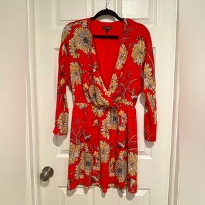 Express Orange Floral Wrap Dress Size M Long Sleeve V Neck